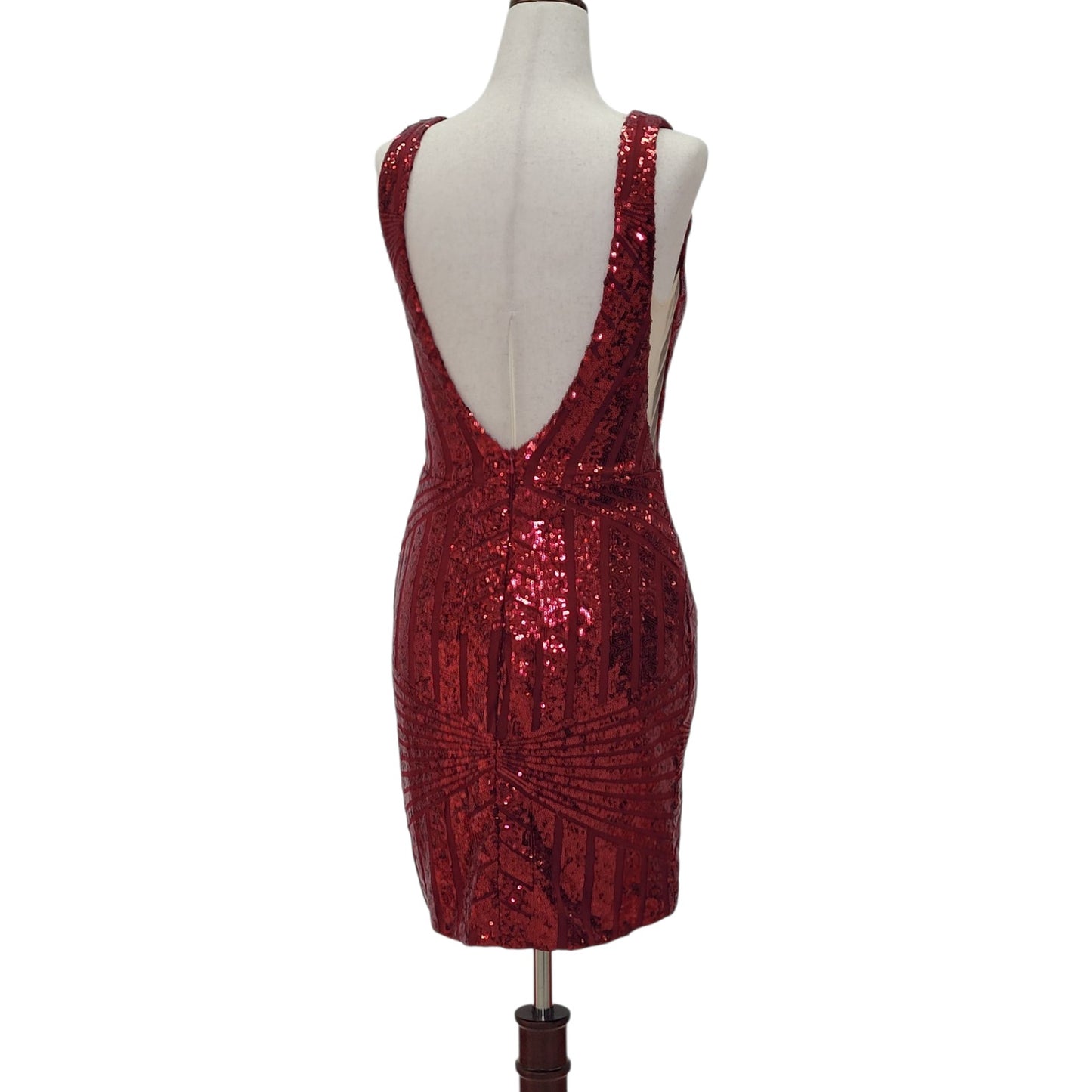 Women's Short Burgundy Sequin Dress with V Neck