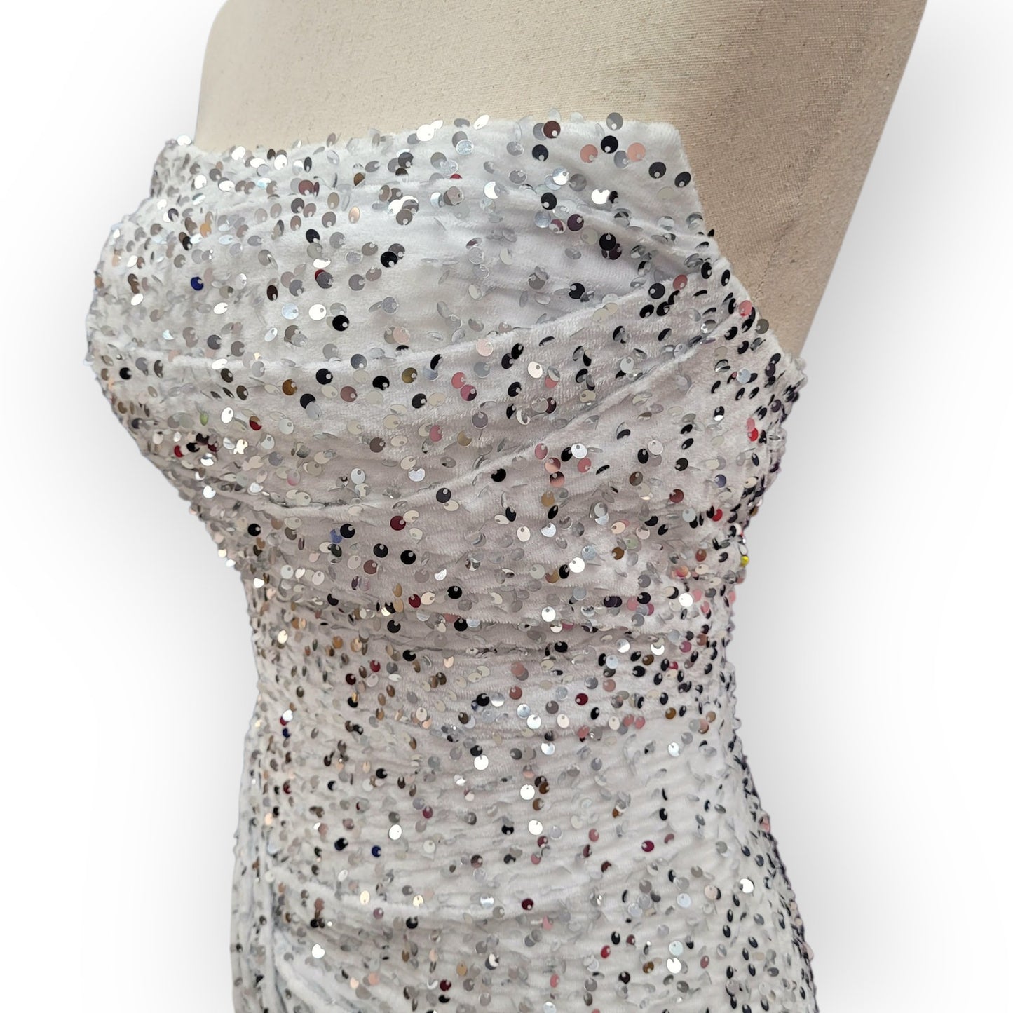 Strapless Sequin Gown with Leg Slit and Corset Back
