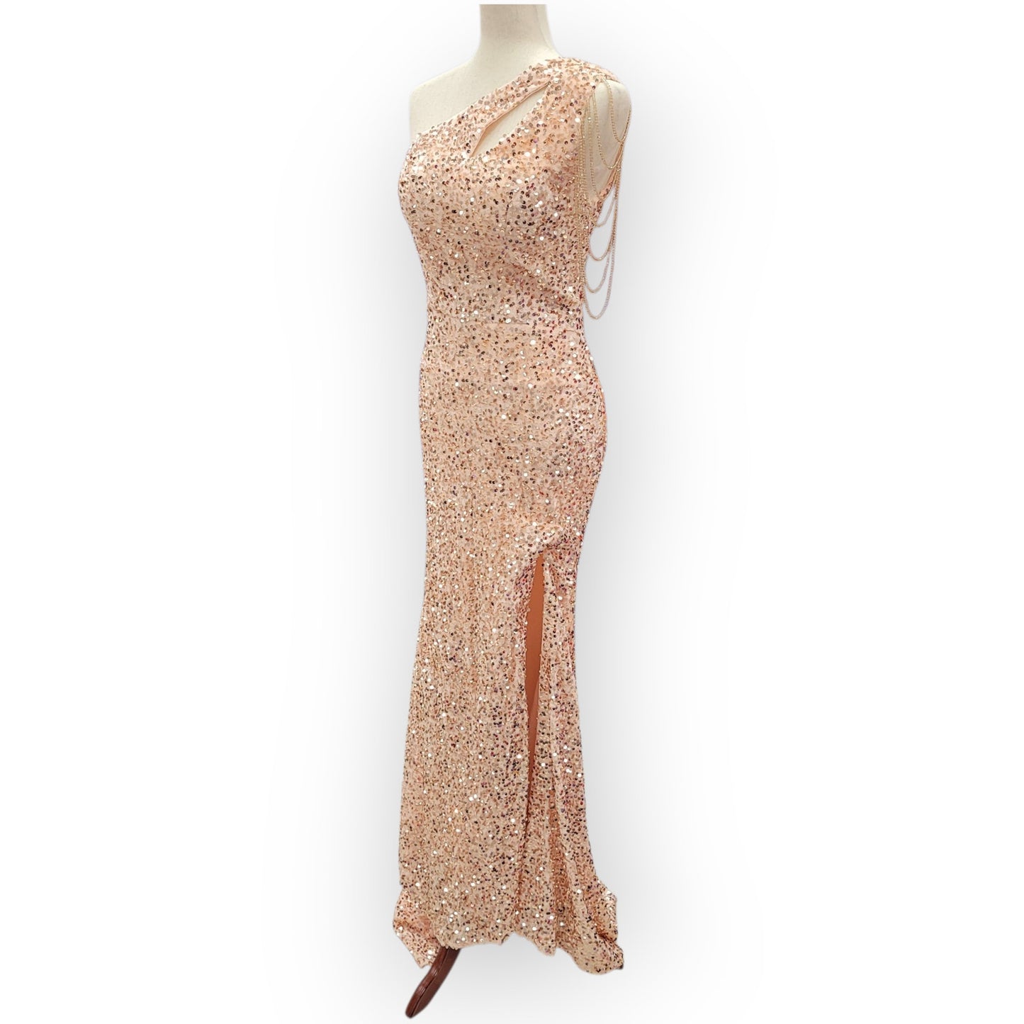 Rose Gold One Shoulder Cutout Sequin Gown with Train and Beaded Shoulder Overlay