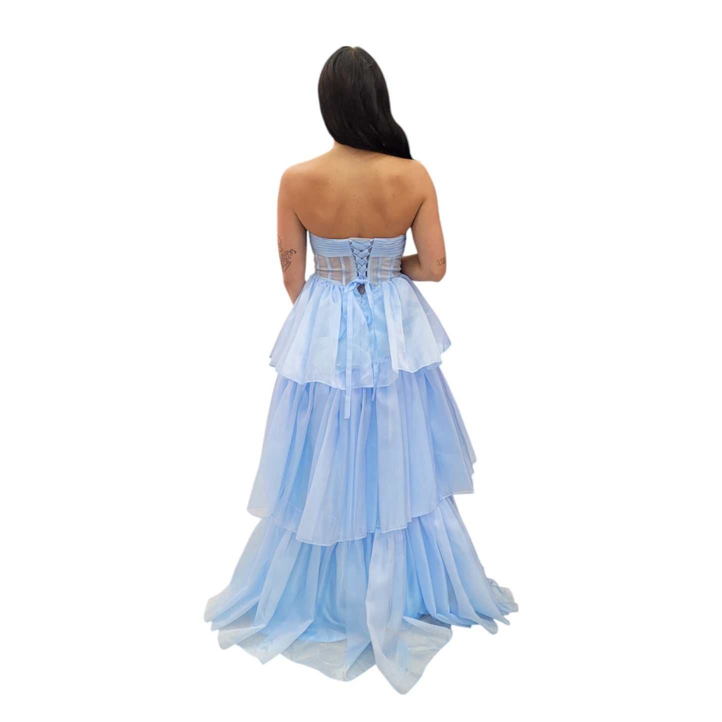 Tiered Strapless Formal Gown with Semi-Sheer Bodice