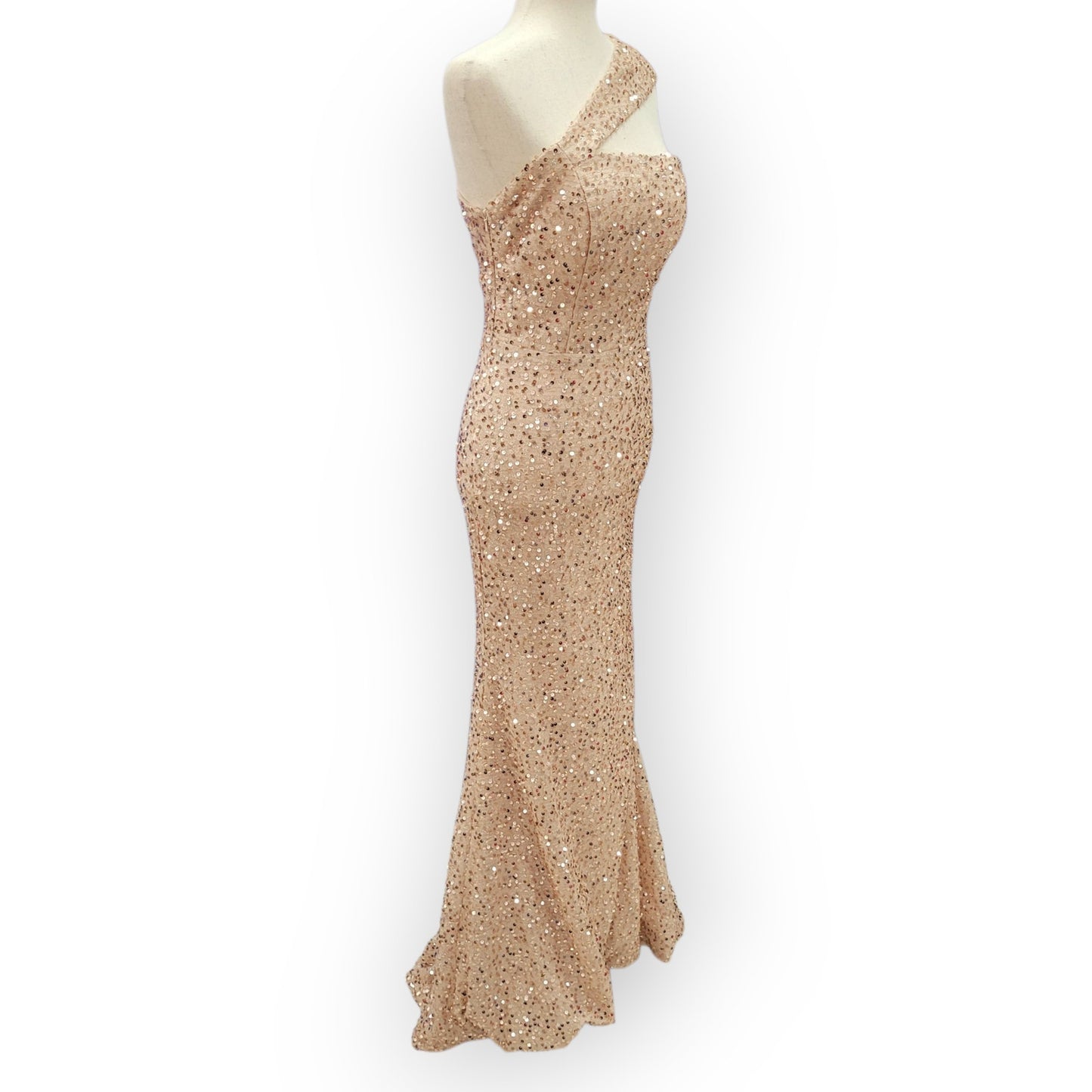 Fitted Beige Champagne Sequin Gown with Asymmetric Shoulder Strap