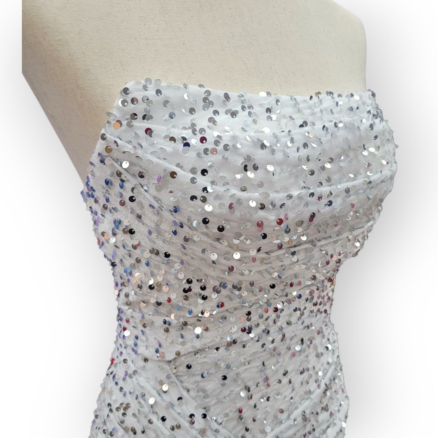 Strapless Sequin Gown with Leg Slit and Corset Back