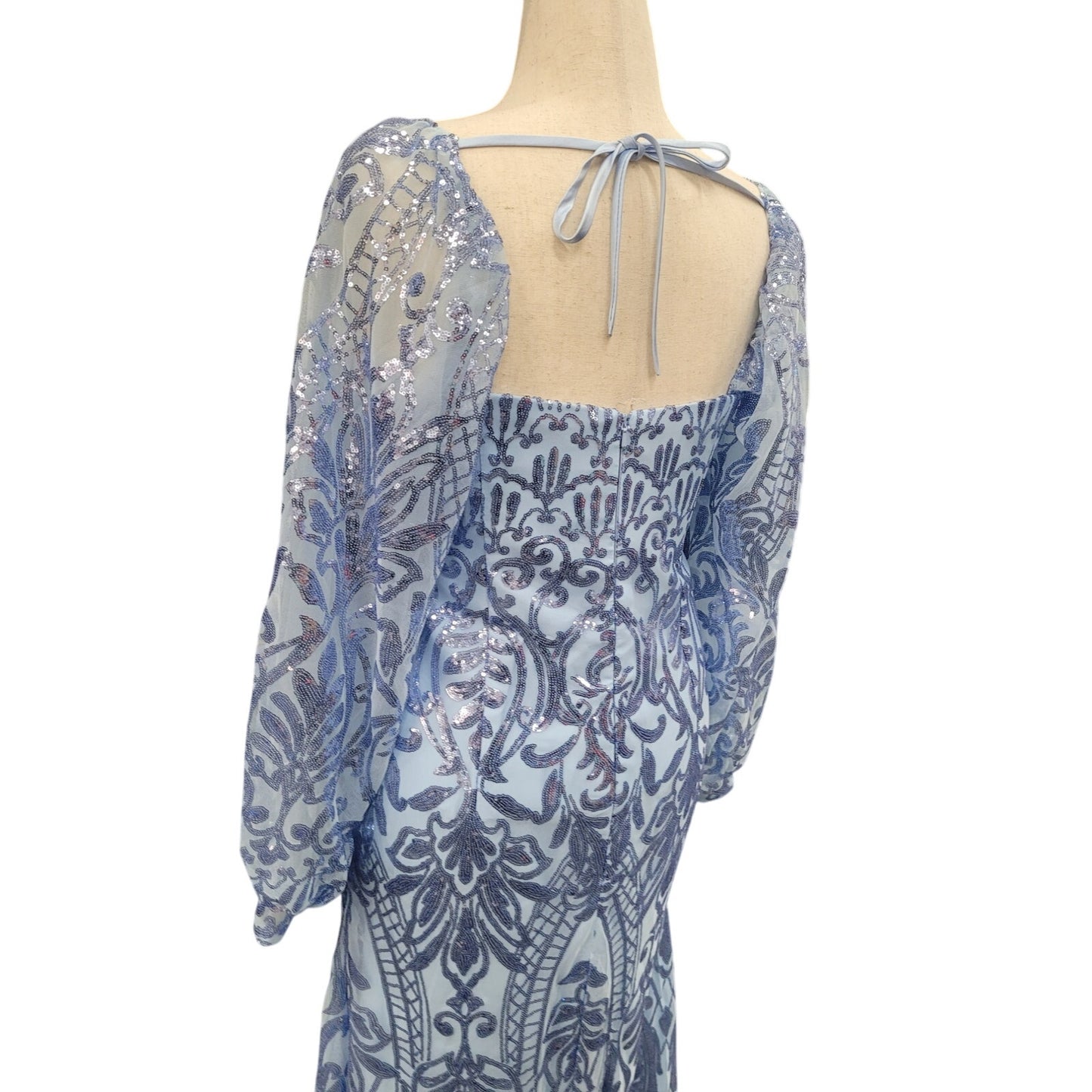Long Sleeved Patterned Sequin Gown in Light Blue