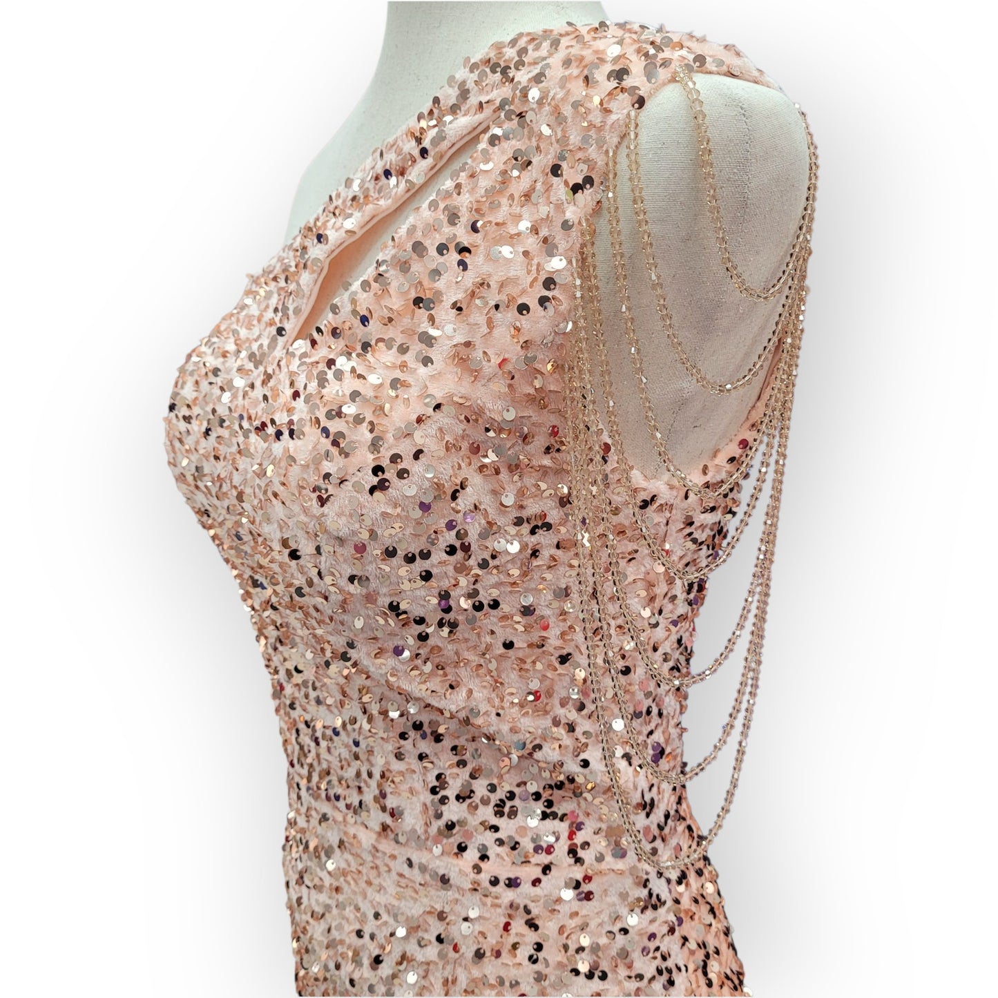 Rose Gold One Shoulder Cutout Sequin Gown with Train and Beaded Shoulder Overlay