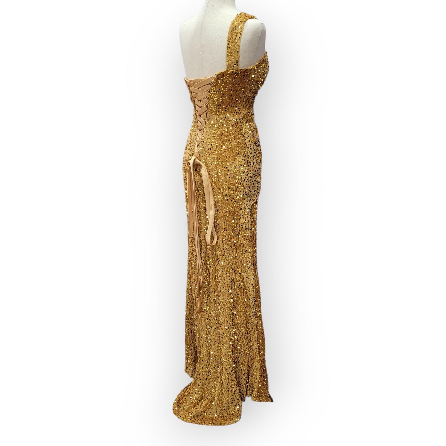 Gold One Shoulder Evening Gown with Gathered Waist and Corset Back