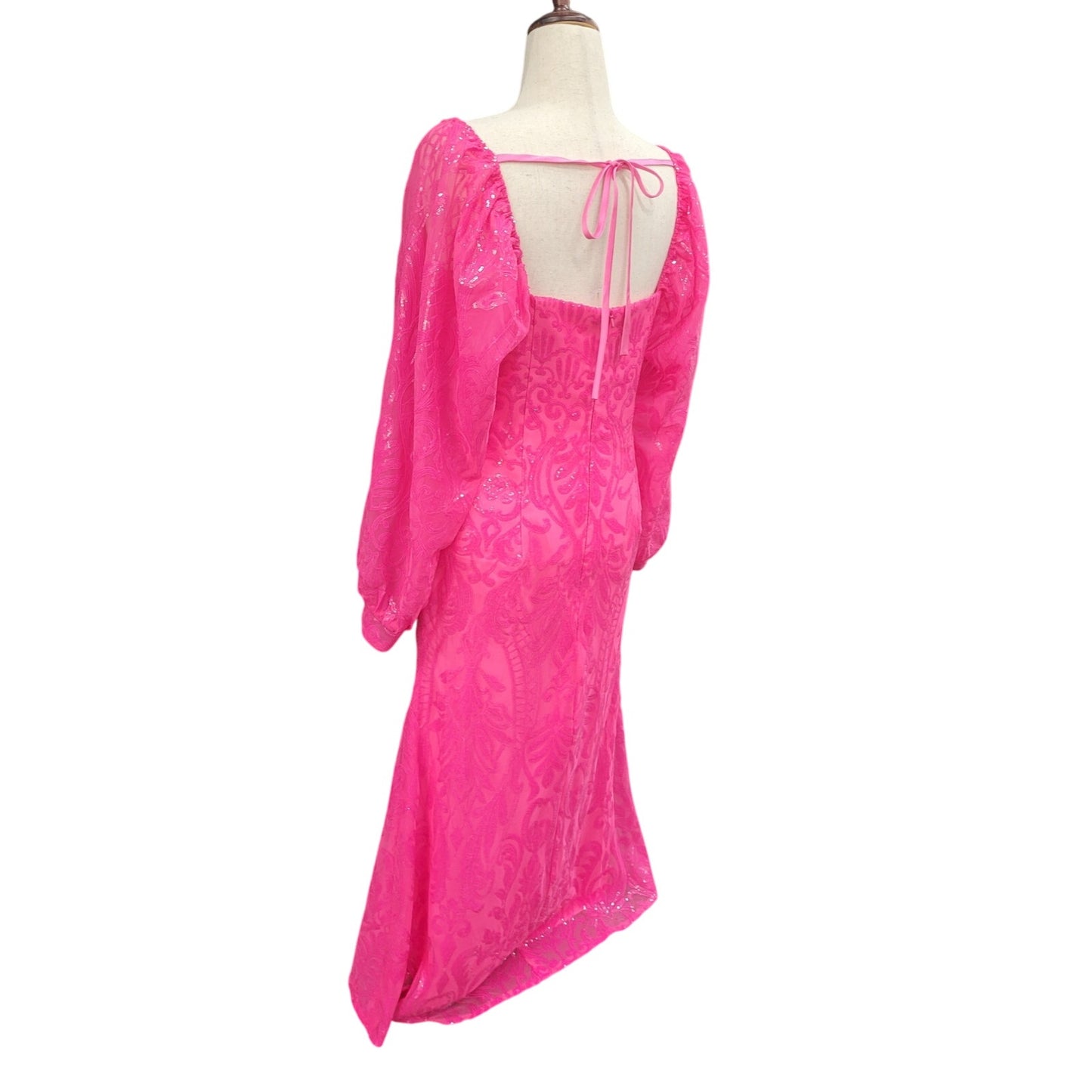 Long Sleeved Patterned Sequin Gown Size 16 Hot Pink
