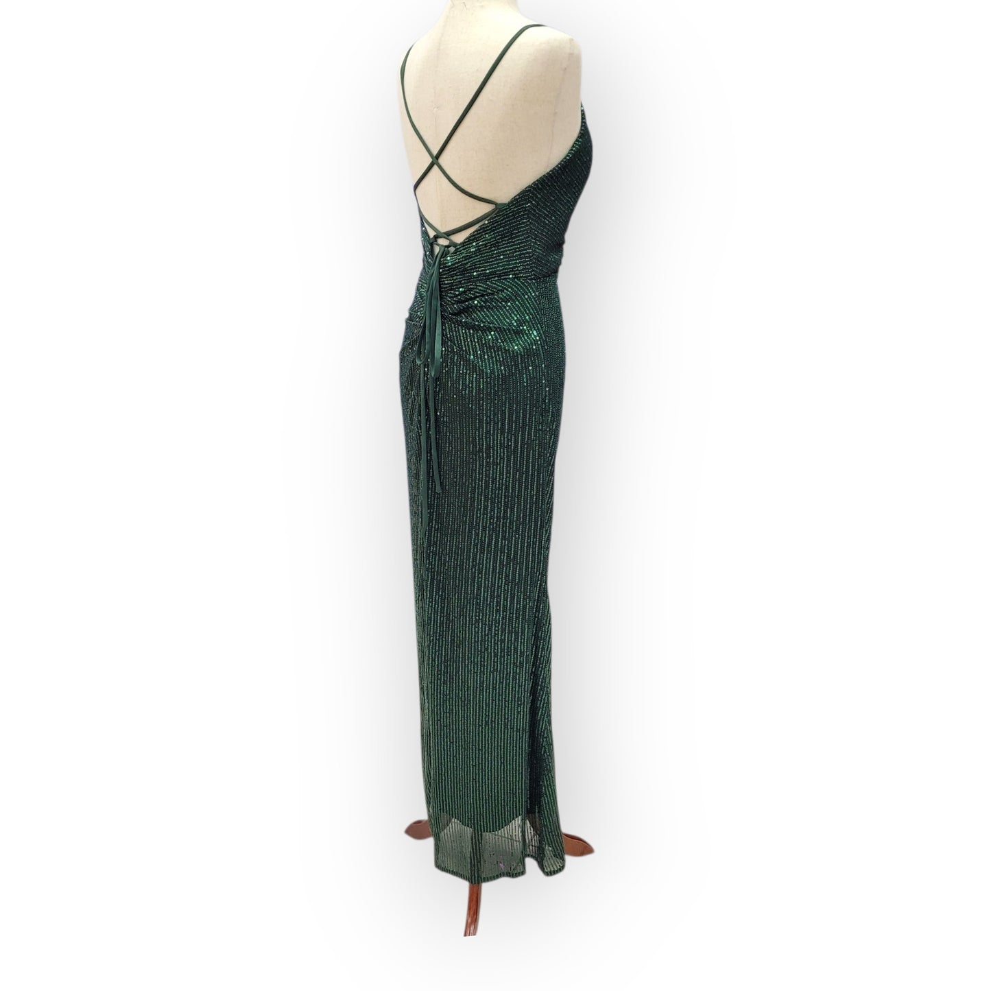 Strappy Evergreen Sequin Gown with Corset Back