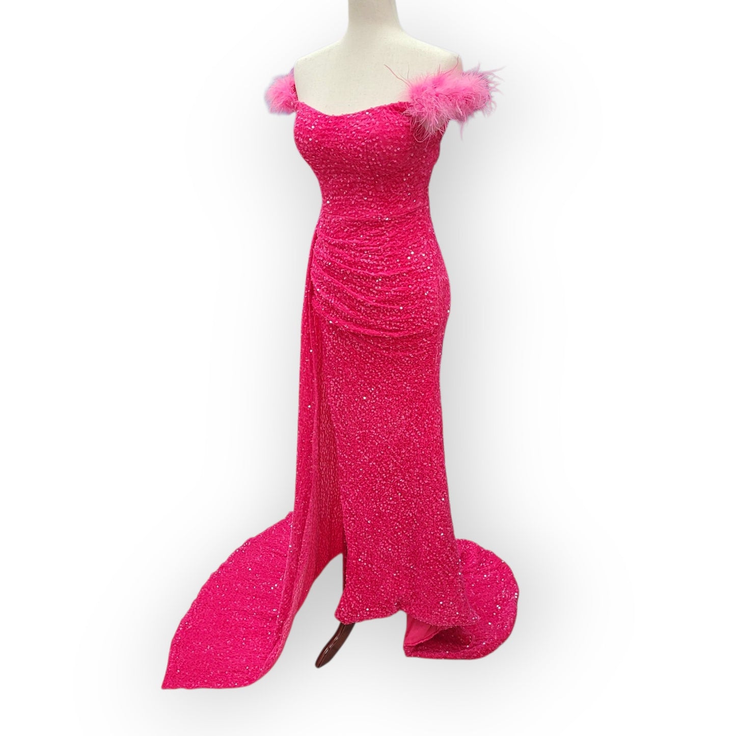 Hot Pink Evening Gown with Feathered Off-Shoulder Straps and Side Train