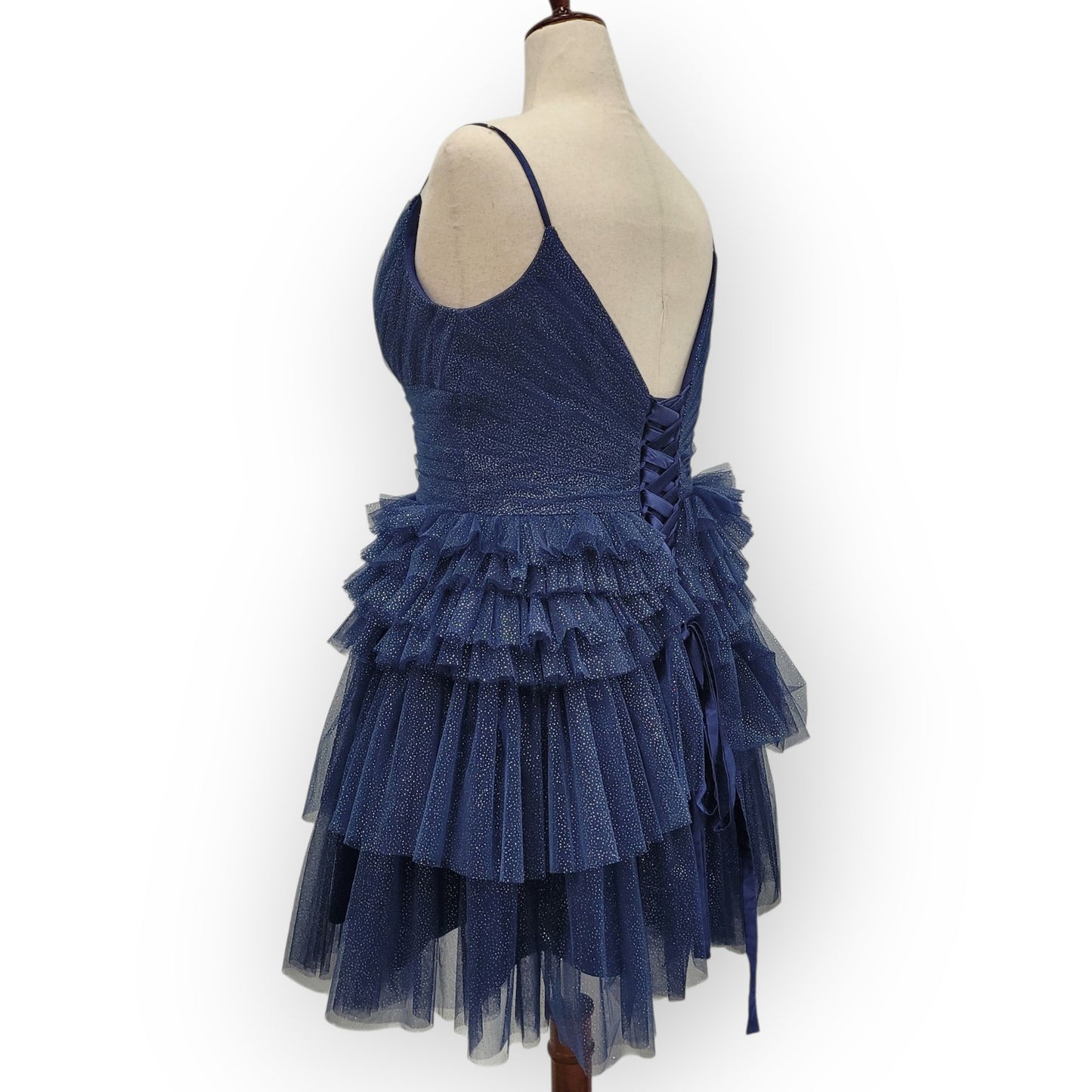 Navy Blue Sparkle Layered Ruffle Cocktail Dress with Corset Back