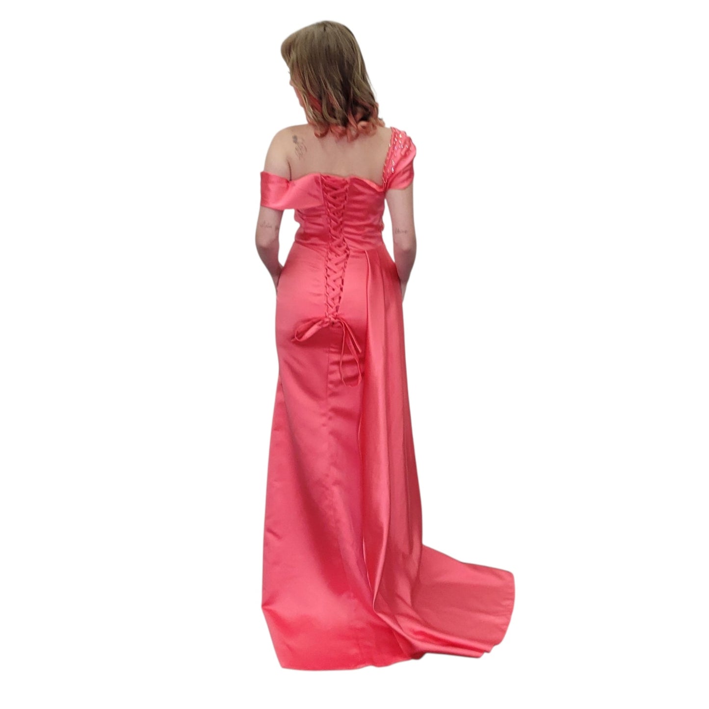 Satin Gown with Detailed Beaded Starburst and Corset Back