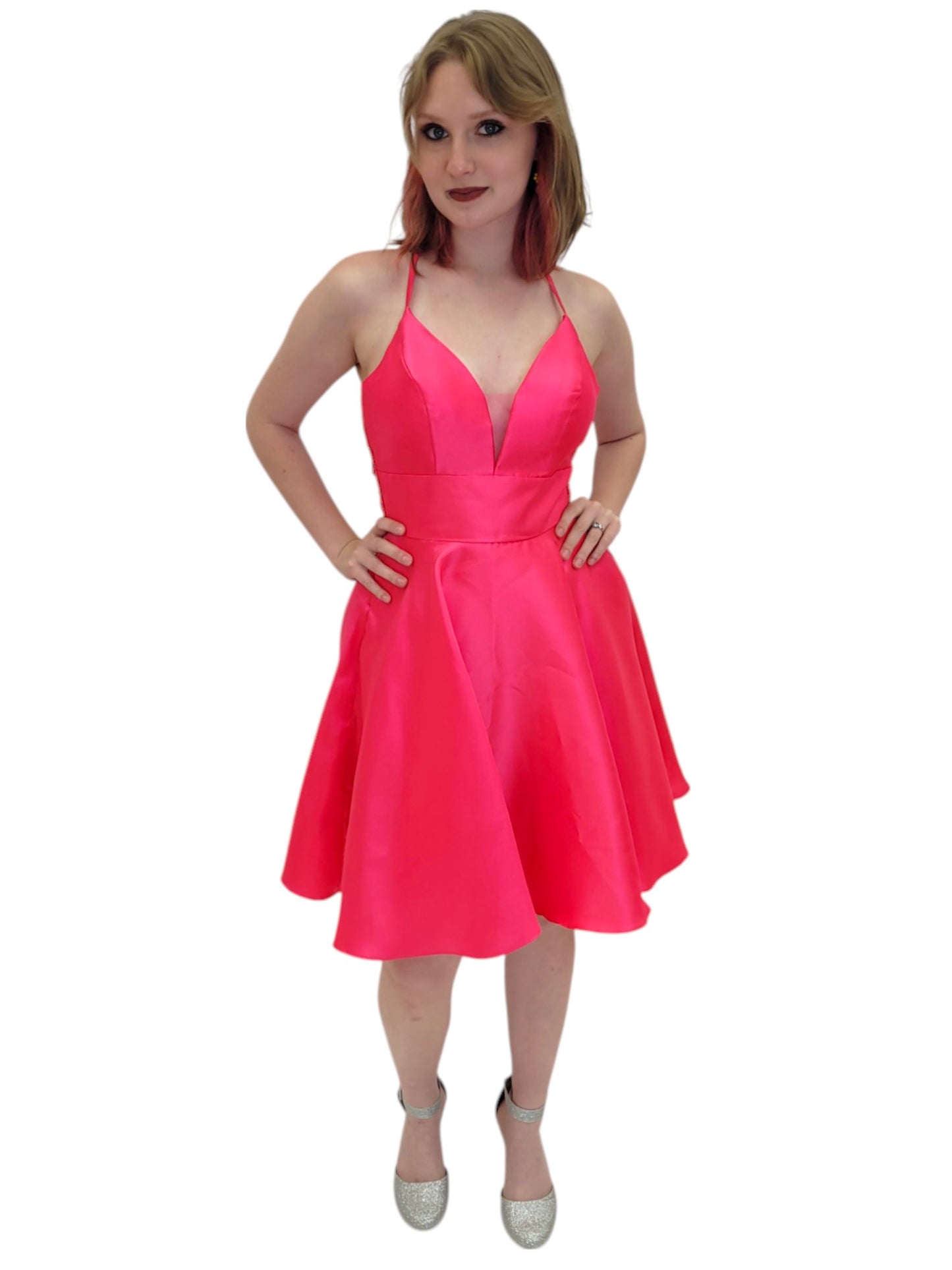 Women's Hot Pink Cocktail Dress with Lace Back and Cutout
