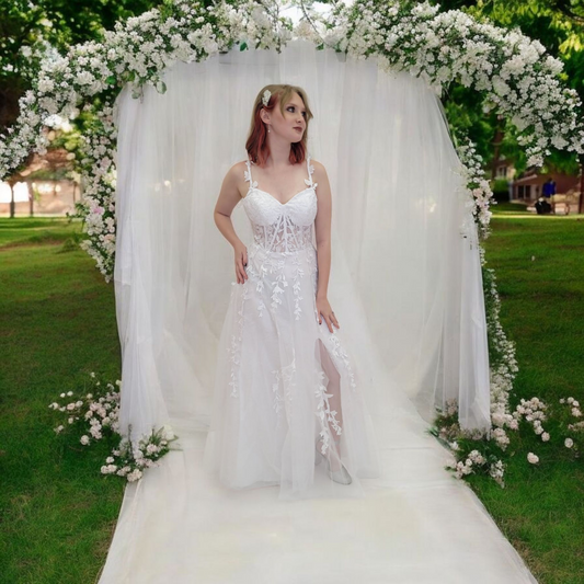 A Line Wedding dress with Vine Appliques and Semi Sheer Bodice with Corset Back
