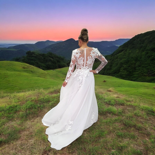 Long Sleeve Tulle Wedding Dress with Sheer Mesh Back with Floral Appliques