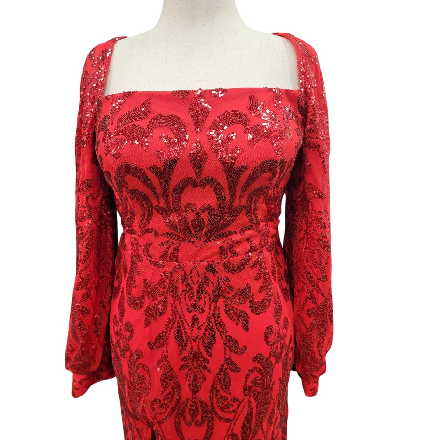 Long Sleeved Patterned Sequin Gown Bright Red Size 12