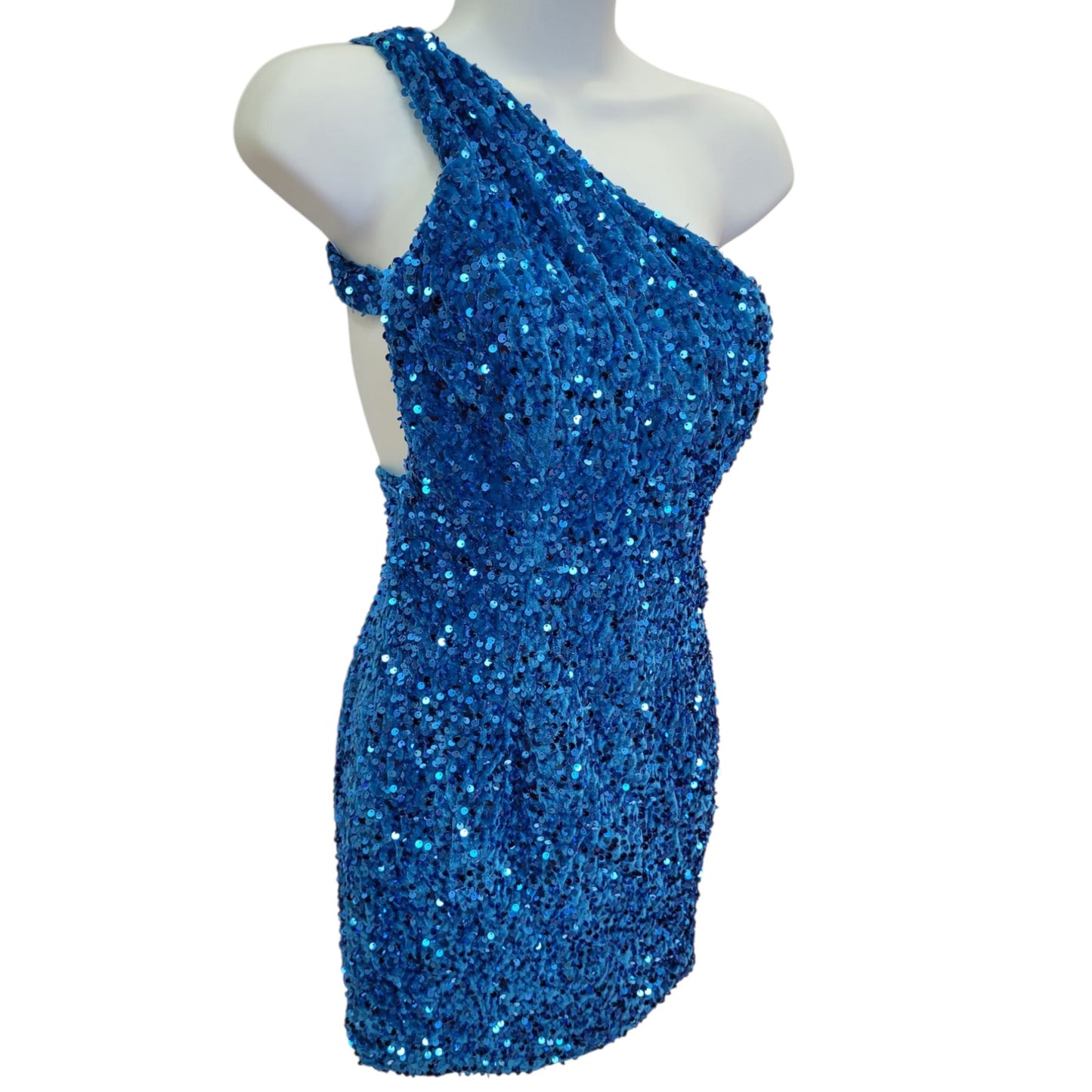 Women's Short One Shoulder Strappy Sequin Dress in Sky Blue
