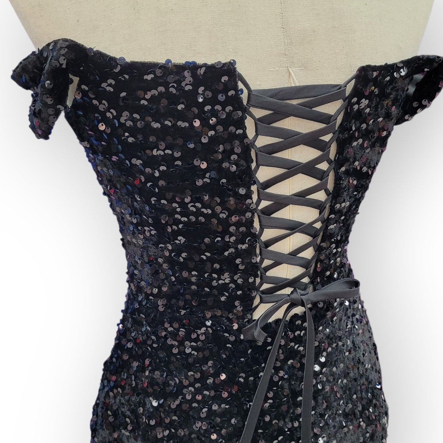 Sultry Off Shoulder Sequin Gown with Corset and Slit