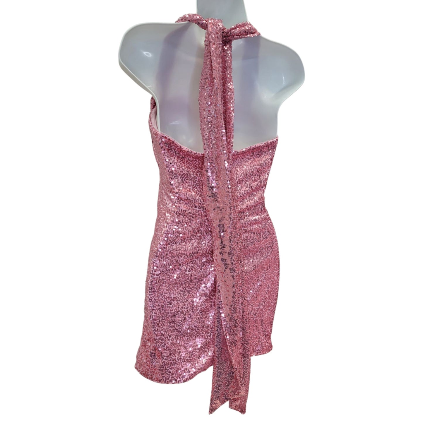 Women's Pink Short Sequin Halter‎ Tie Dress