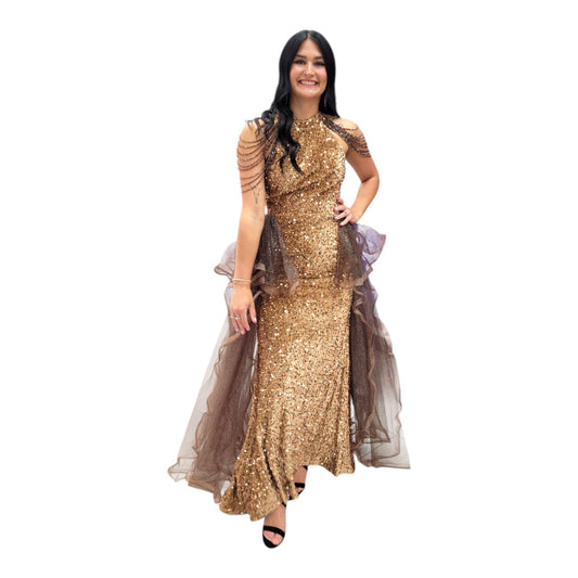Fun Sequin Gown with Tulle Overskirt and Beaded Shoulder Overlays