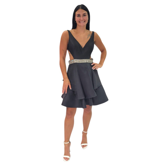 Short Black Satin Cocktail Dress with Side Cutouts and Silver Jeweled Belt