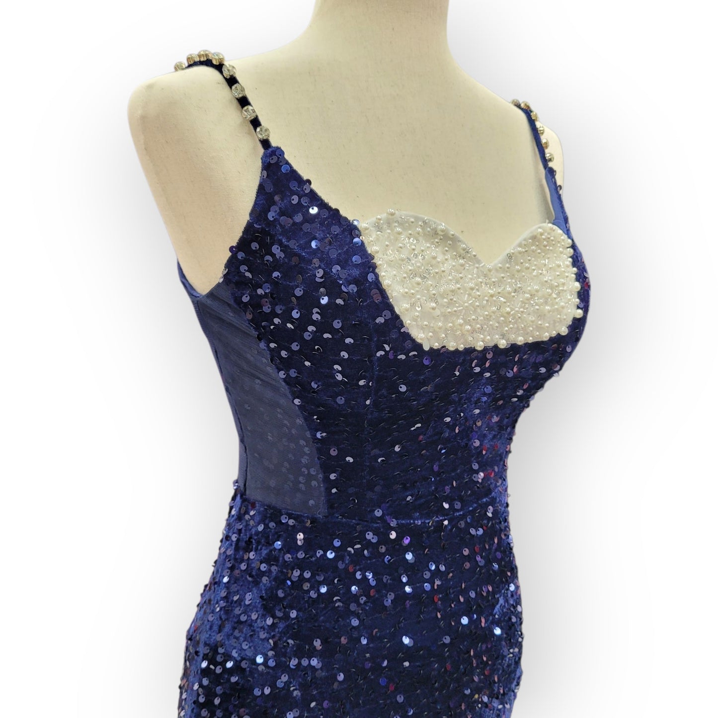 Fitted Navy Blue Sequin Gown with Pearl Detail Bust and Tulle Side Train