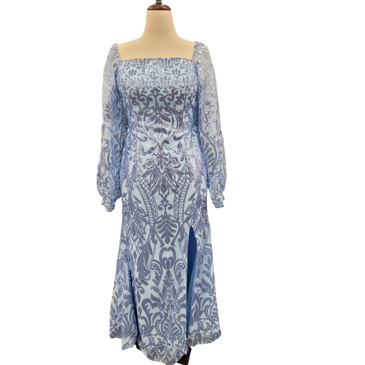 Long Sleeved Patterned Sequin Gown in Light Blue