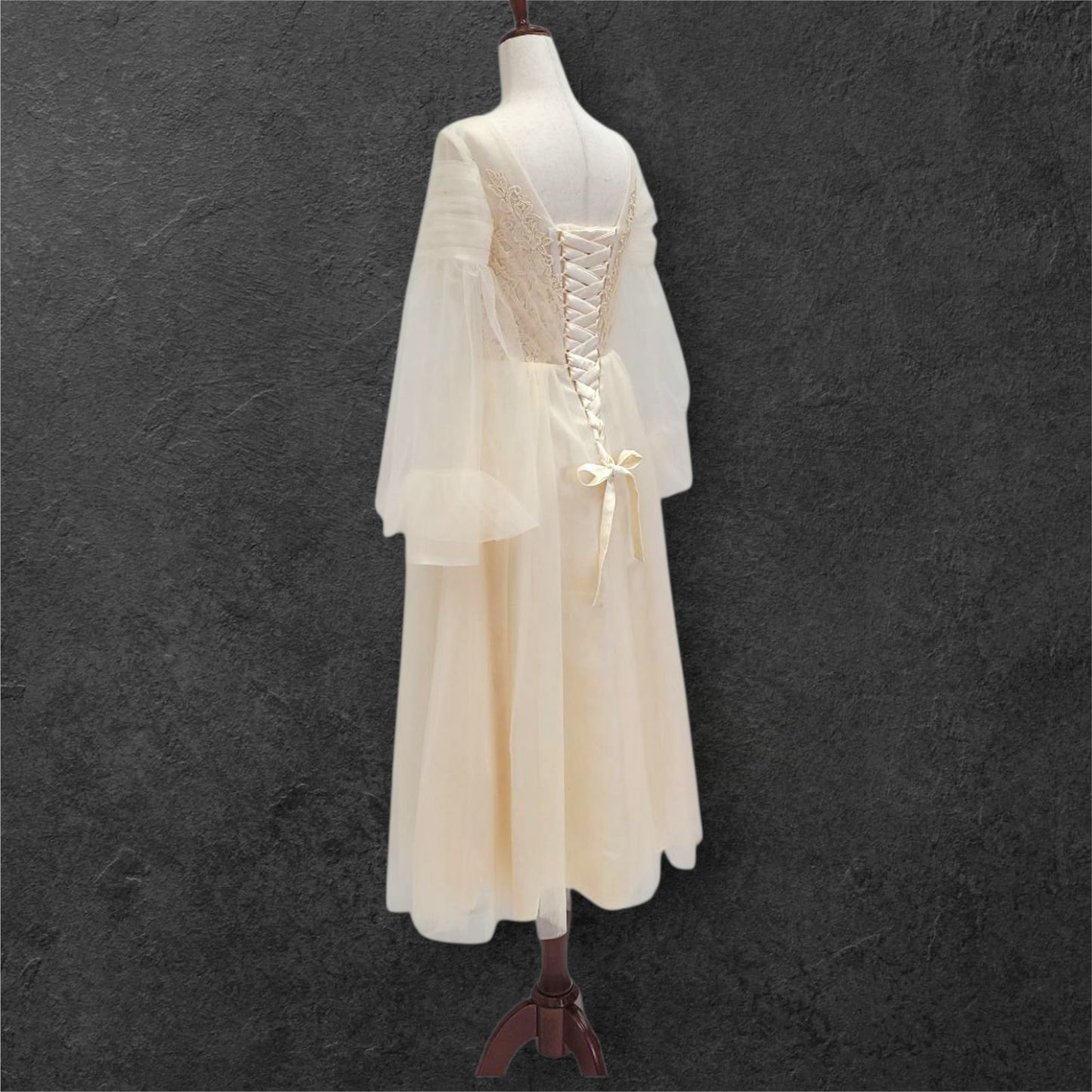 A Line Champagne Wedding Dress with Long Tulle Sleeves and Full Corset