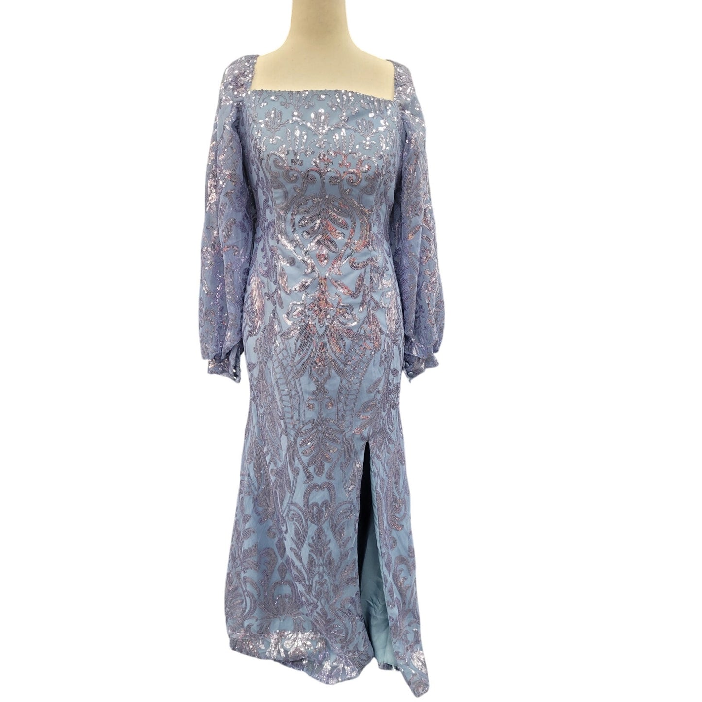 Long Sleeved Patterned Sequin Gown in Blue