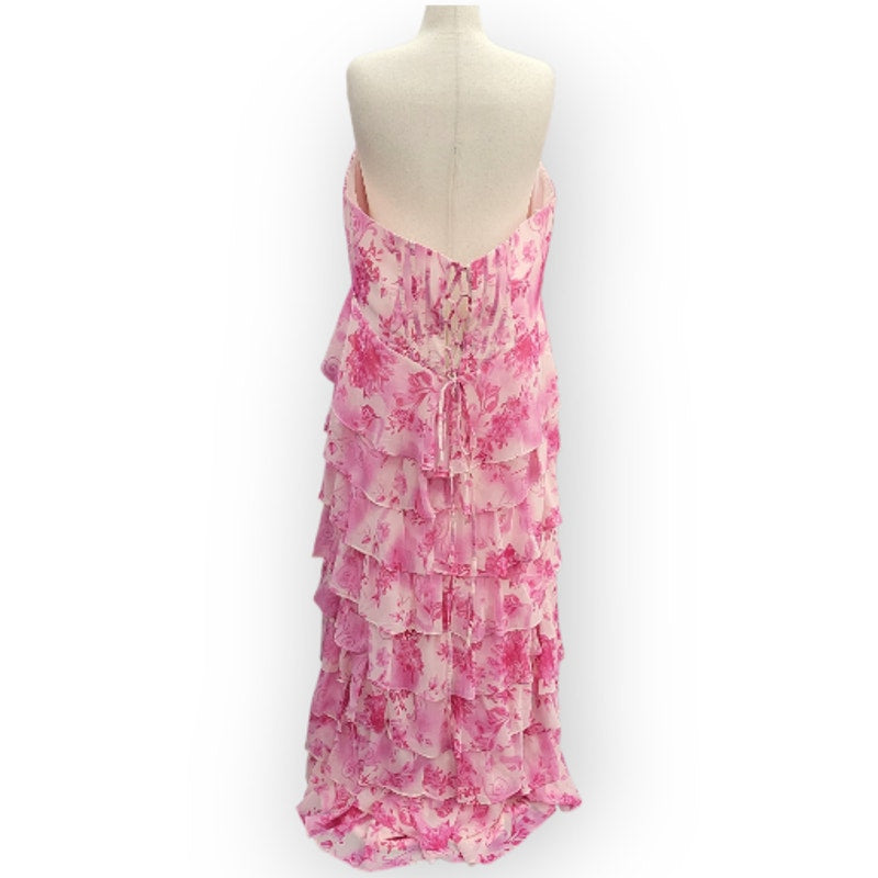 Strapless Pink Floral Tiered Dress with Corset Back