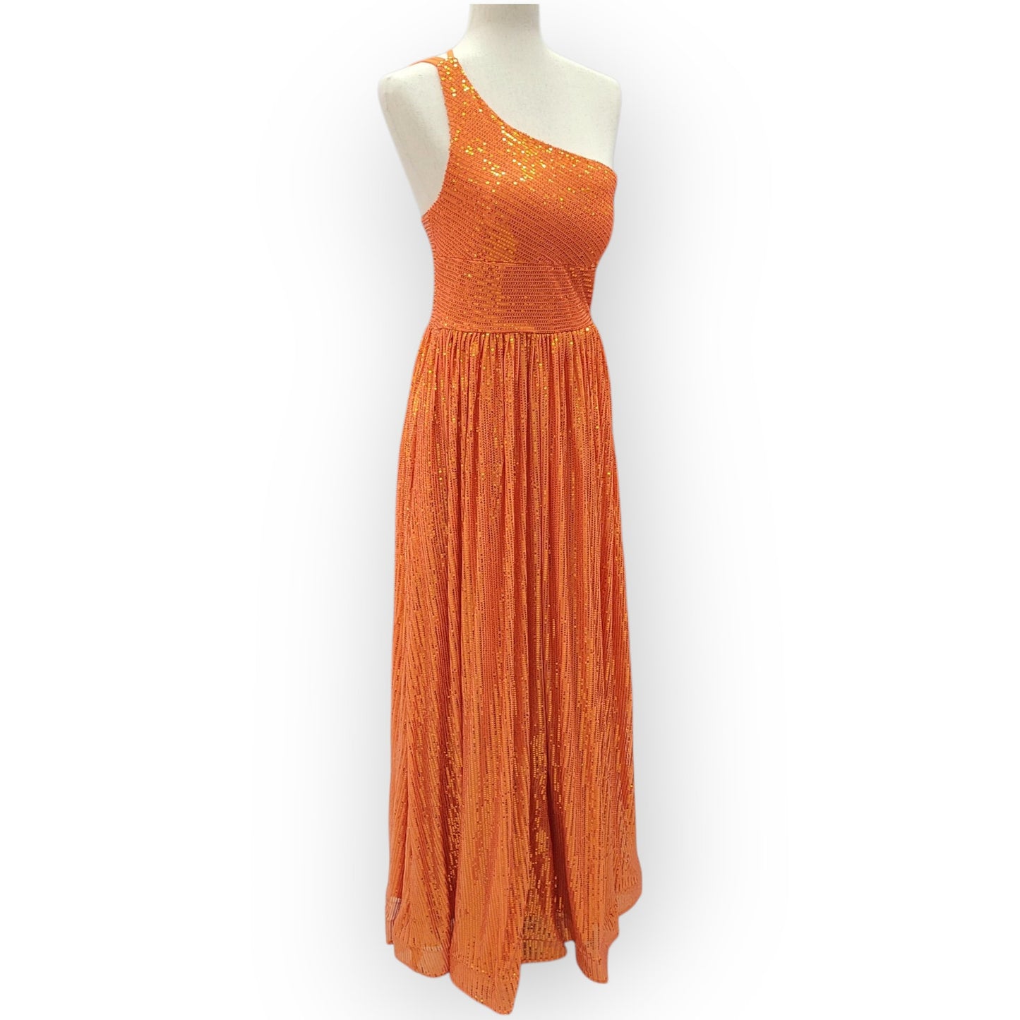 Orange One Shoulder A-Line Gown with Gathered Skirt and Three Straps Across Back