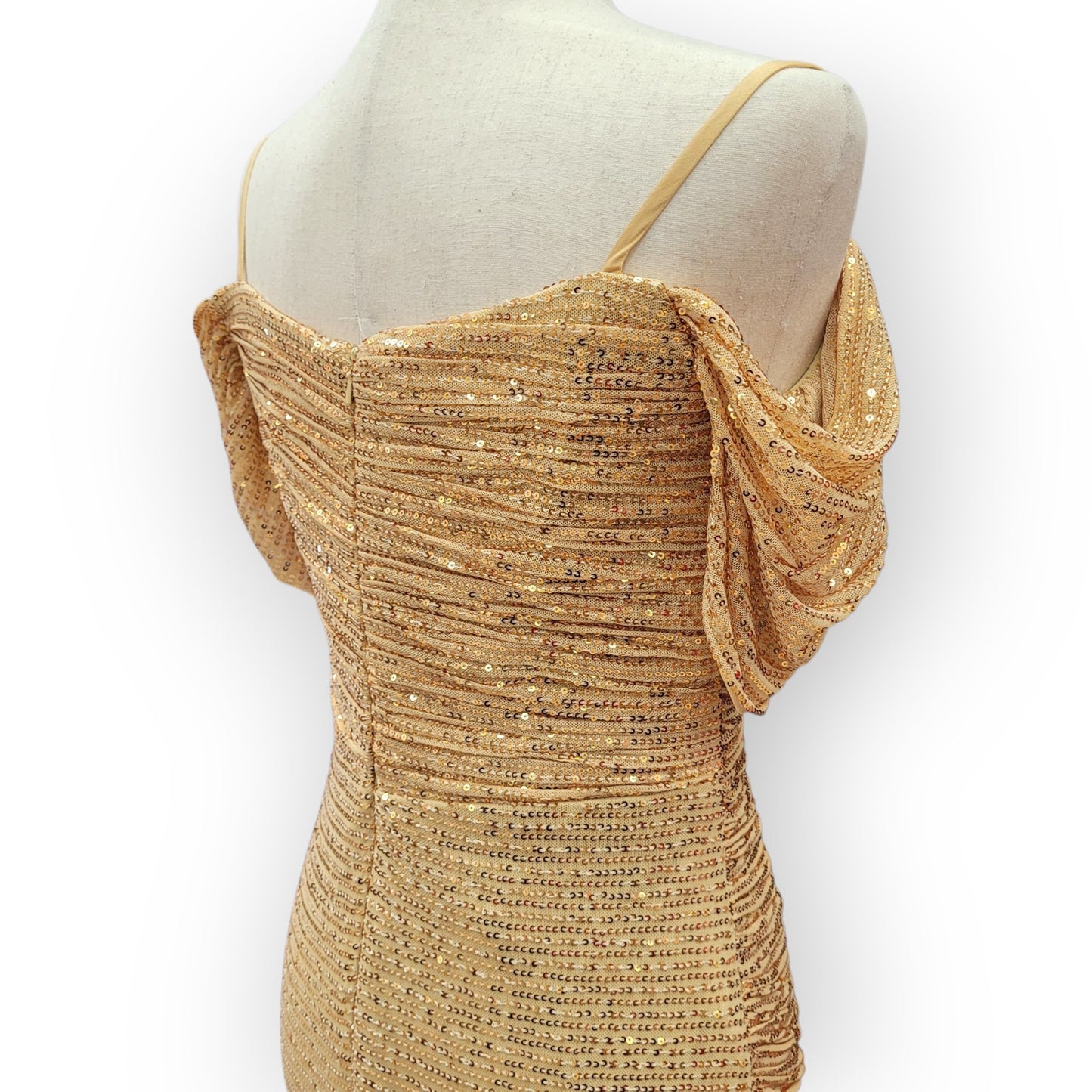 Gold Off-Shoulder Sequin Gown with Ruched Bodice