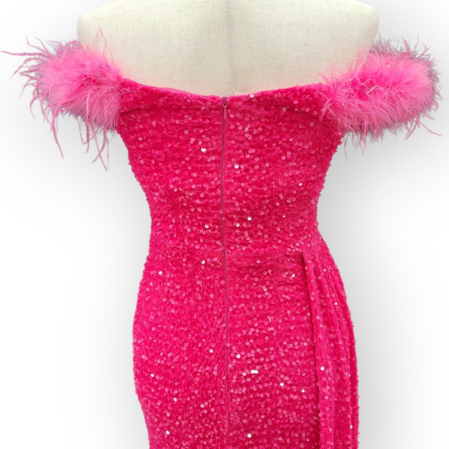 Hot Pink Evening Gown with Feathered Off-Shoulder Straps and Side Train