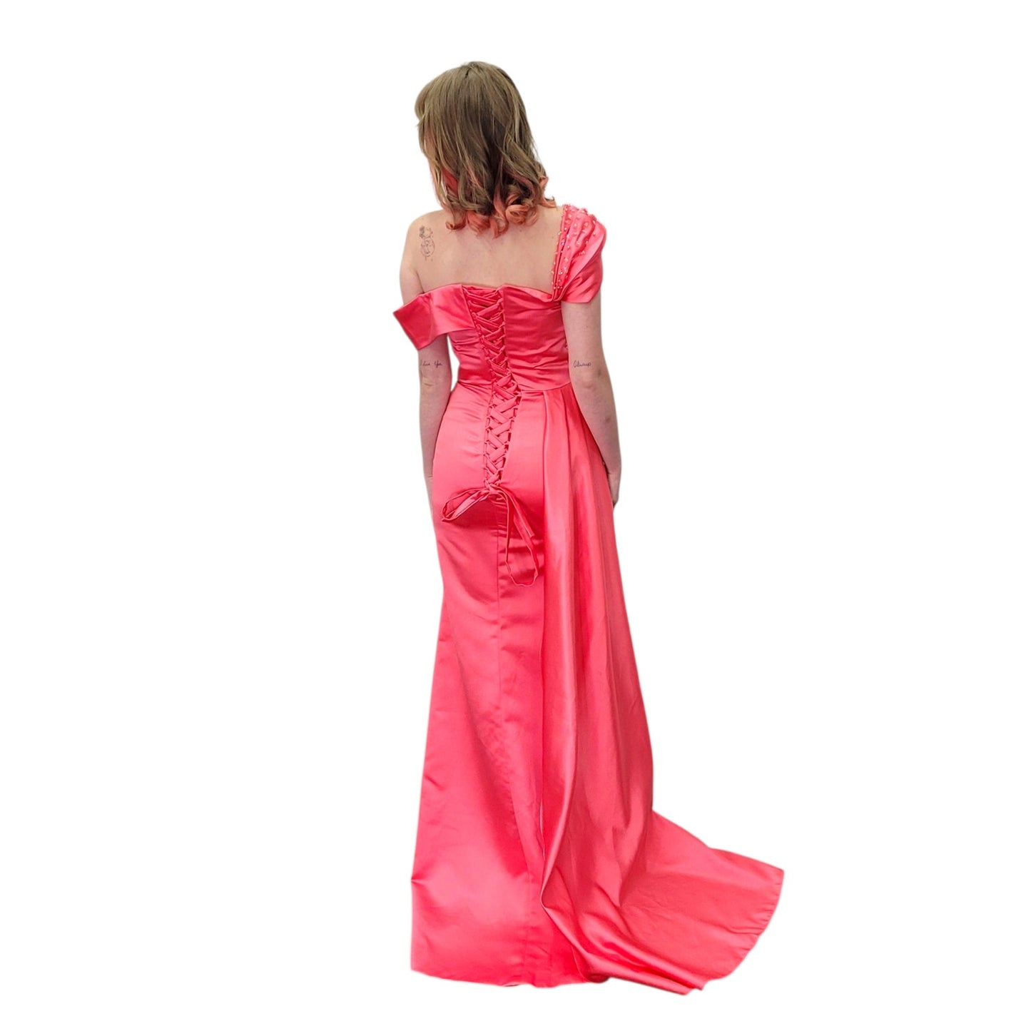 Satin Gown with Detailed Beaded Starburst and Corset Back
