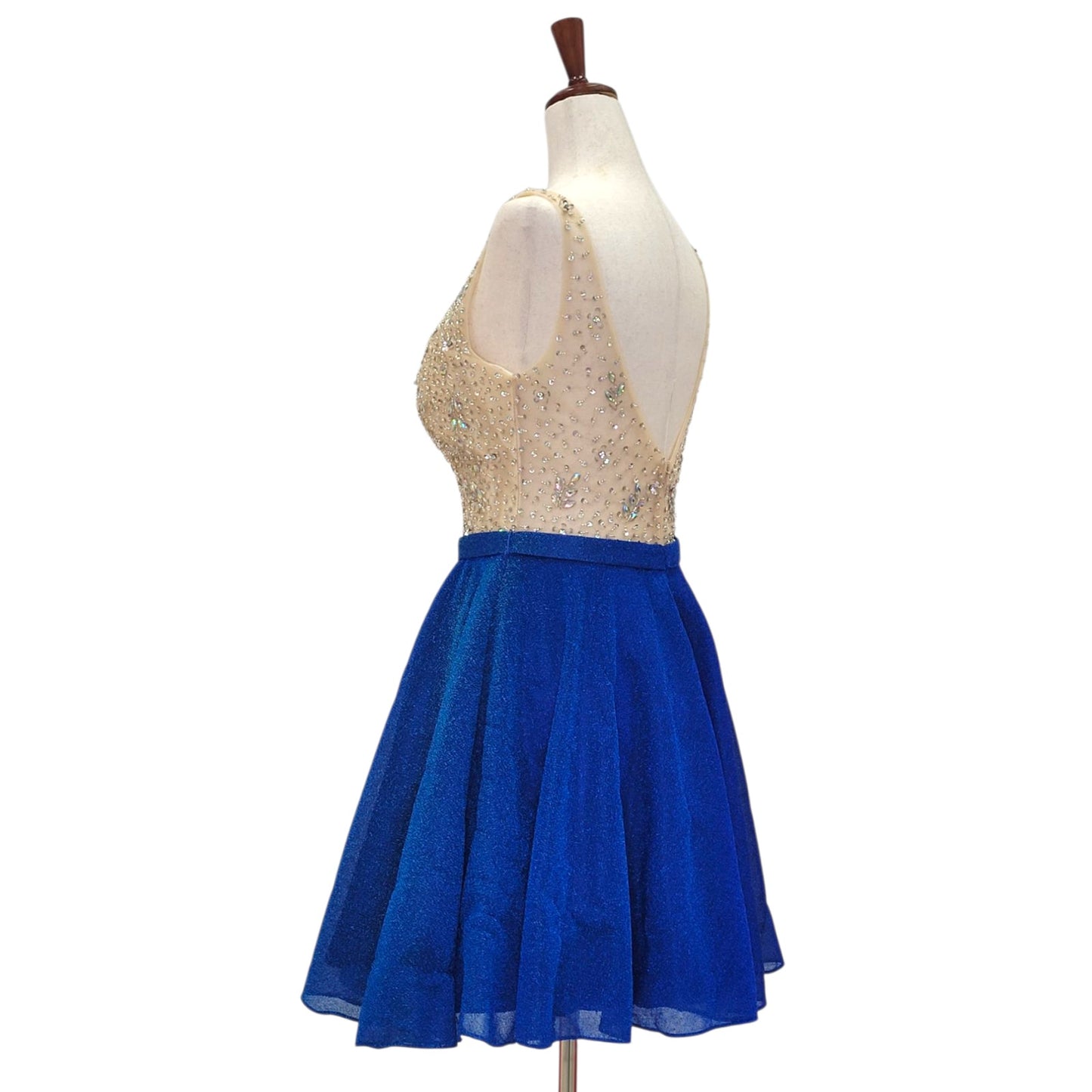 Blue and Gold Short Dress with Beautiful Detailed Gem Bodice