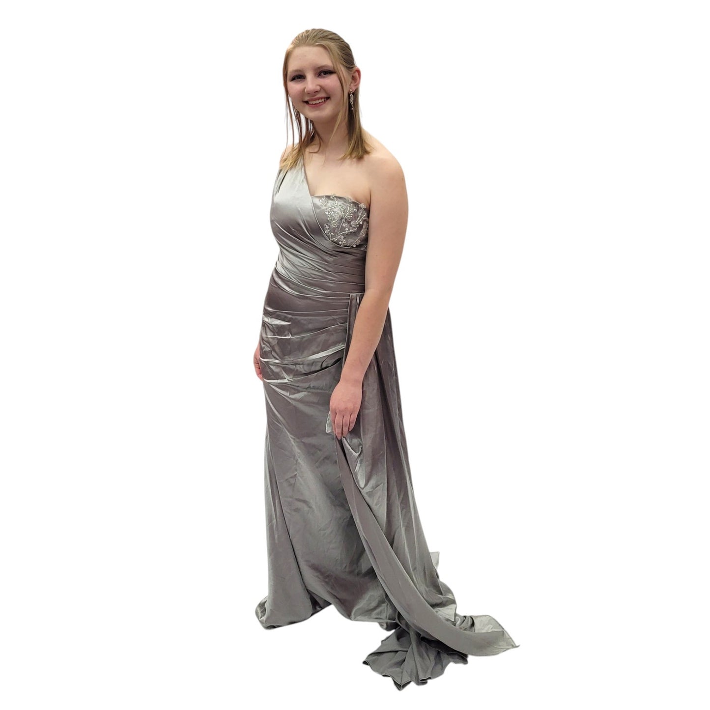 One Shoulder Silky Satin Evening Gown with Full Corset Back and Side Train