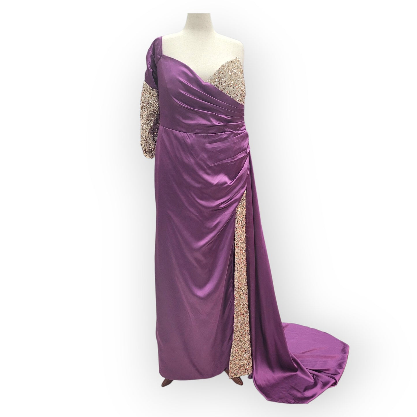Asymmetric Purple Gown with Gold Sequins and Side Train