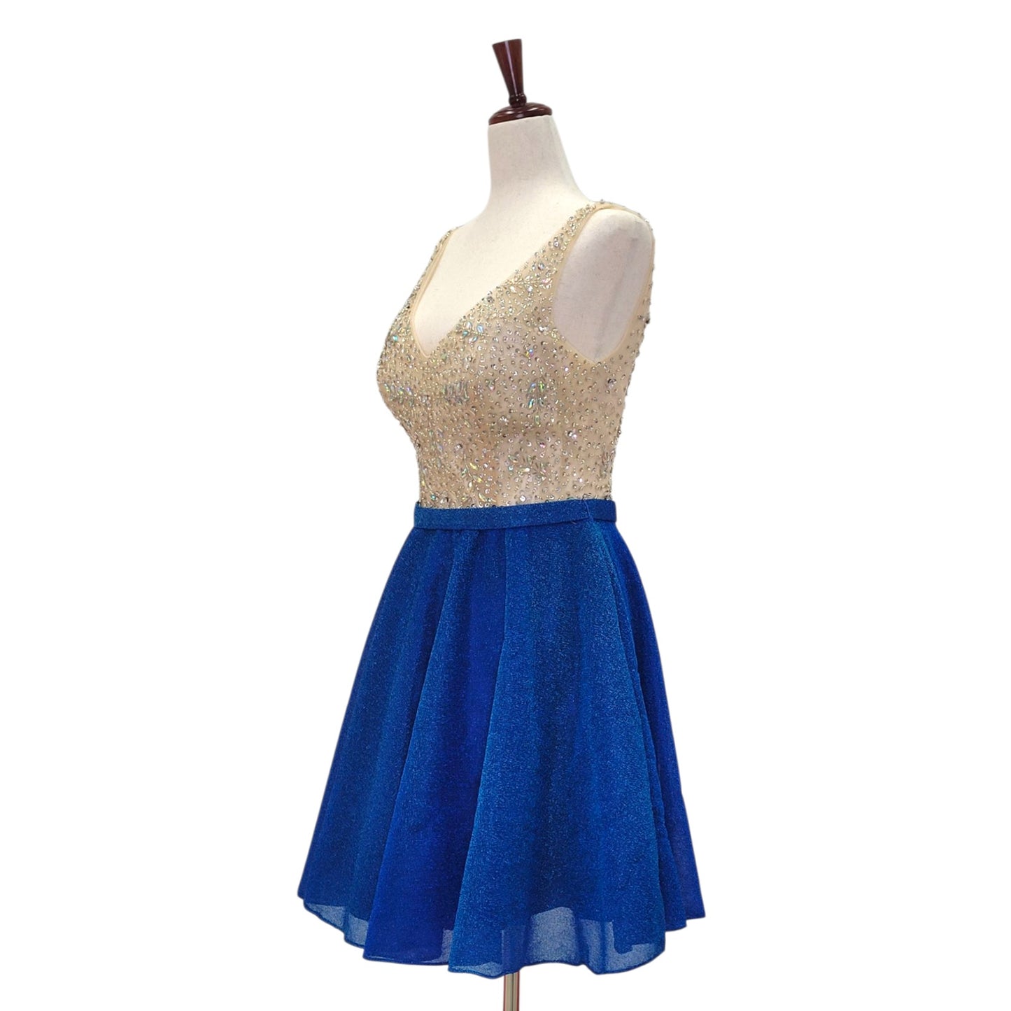 Blue and Gold Short Dress with Beautiful Detailed Gem Bodice