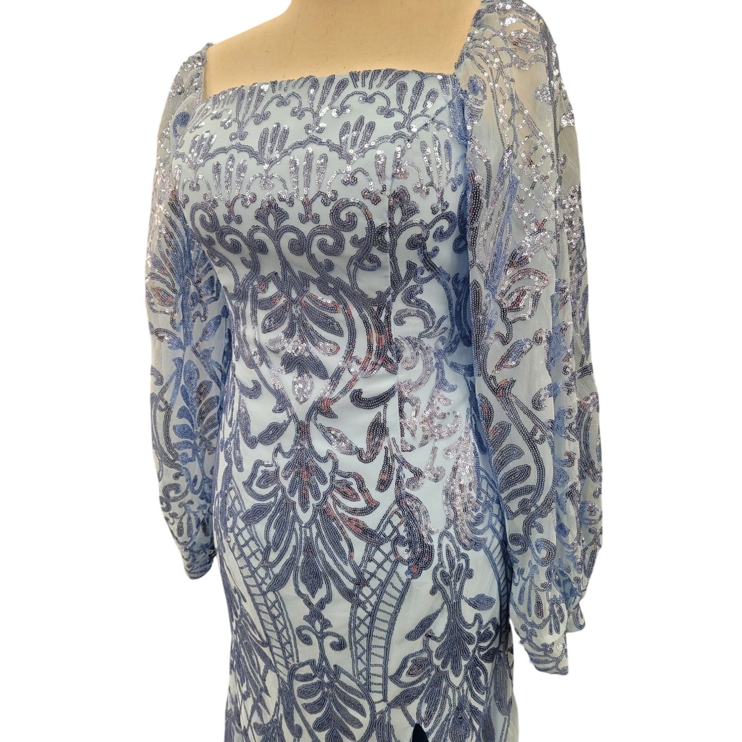 Long Sleeved Patterned Sequin Gown in Light Blue