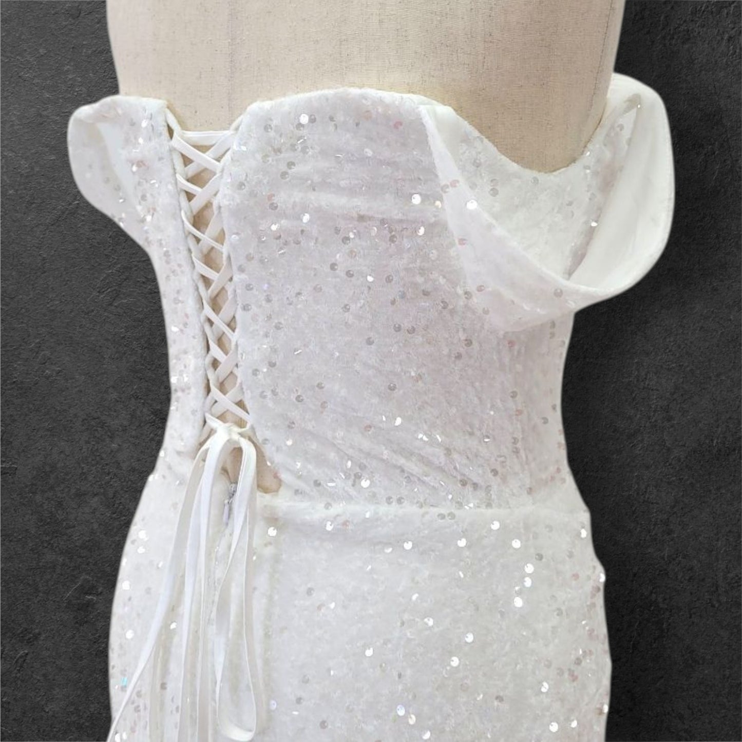 Hip Hugging Sequin Wedding Dress with Off Shoulder Sleeves and Corset Back