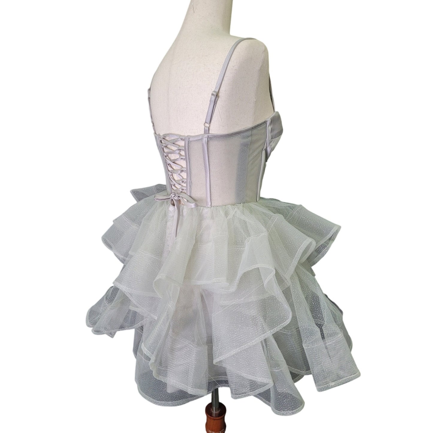 Short Cocktail Dress Tulle Skirt Semi-Sheer Bodice Corset Back