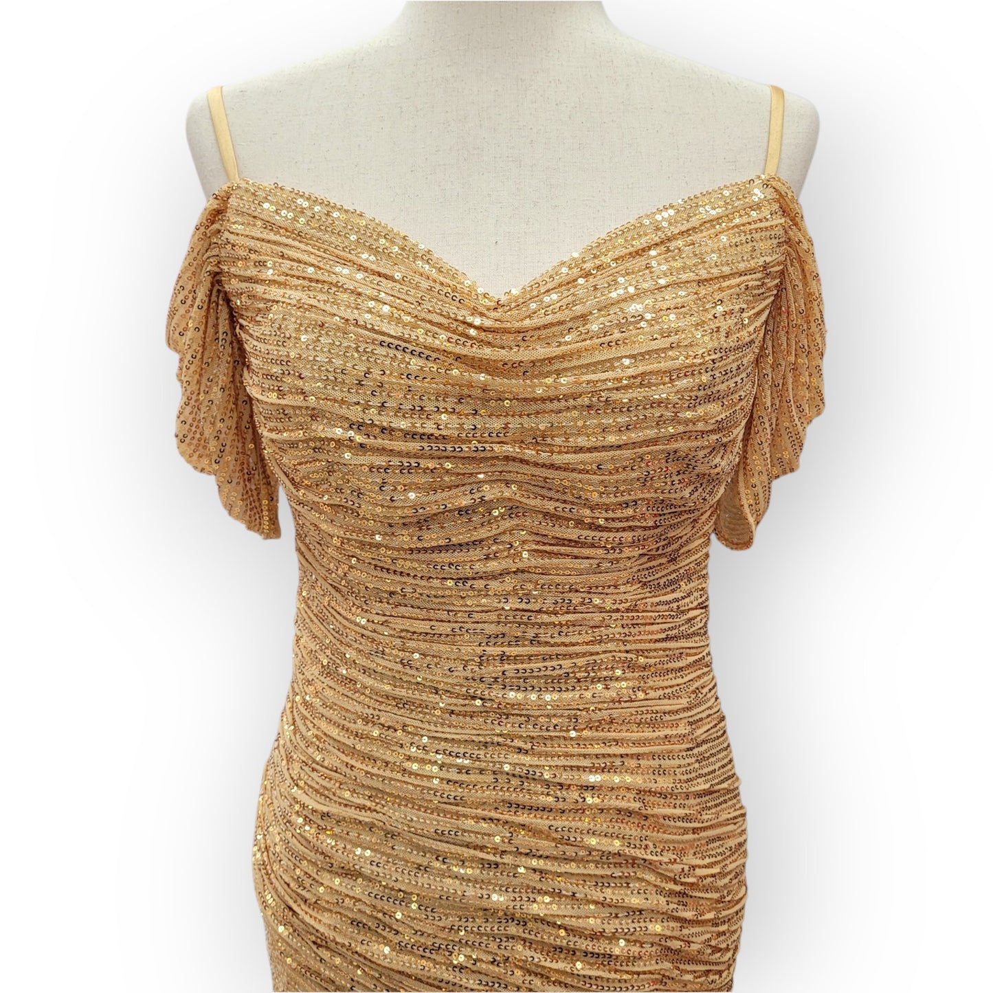 Gold Off-Shoulder Sequin Gown with Ruched Bodice