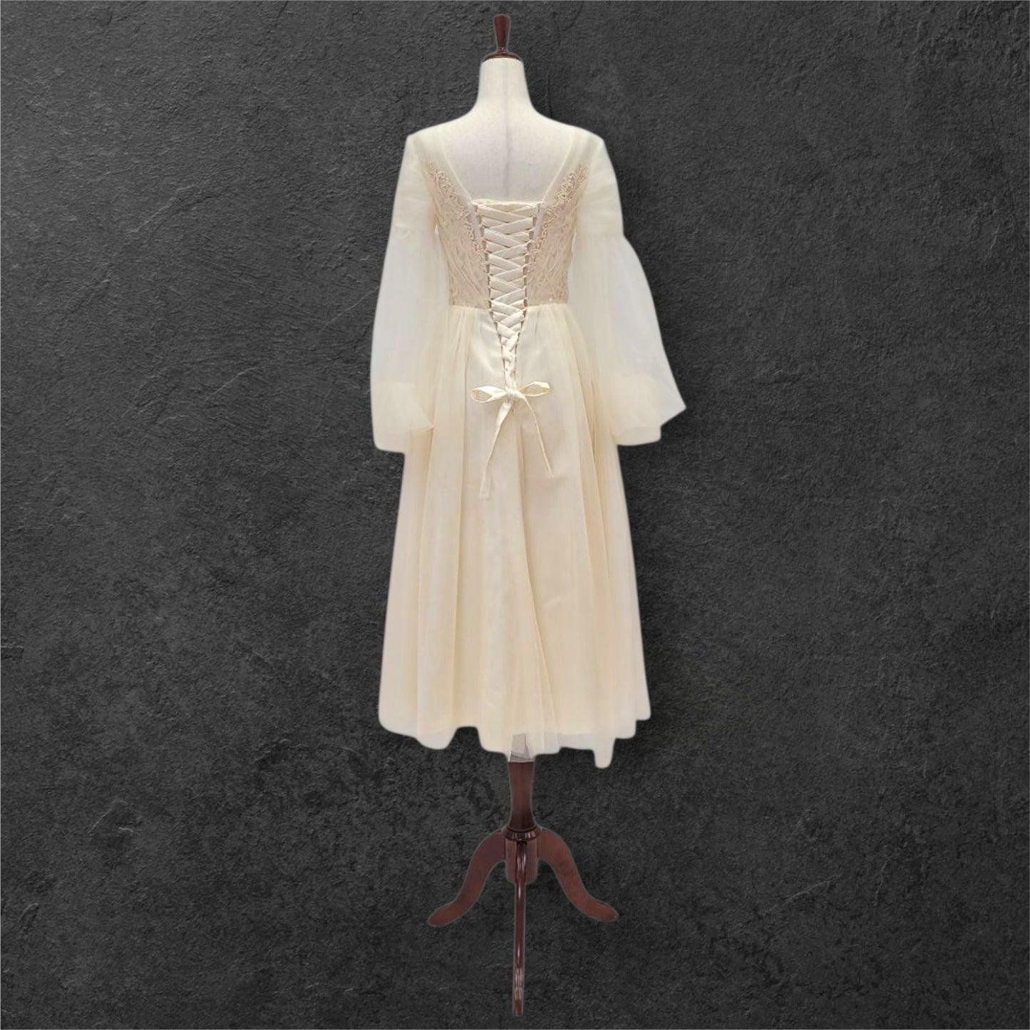A Line Champagne Wedding Dress with Long Tulle Sleeves and Full Corset