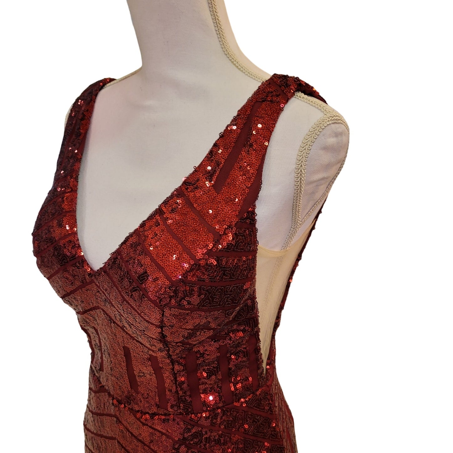 Women's Short Red Sequin Dress with V Neck and Low Back