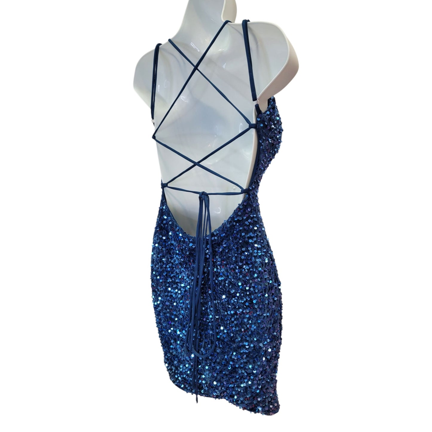 Women's Short Teal Sequin Dress with Strappy Corset Back