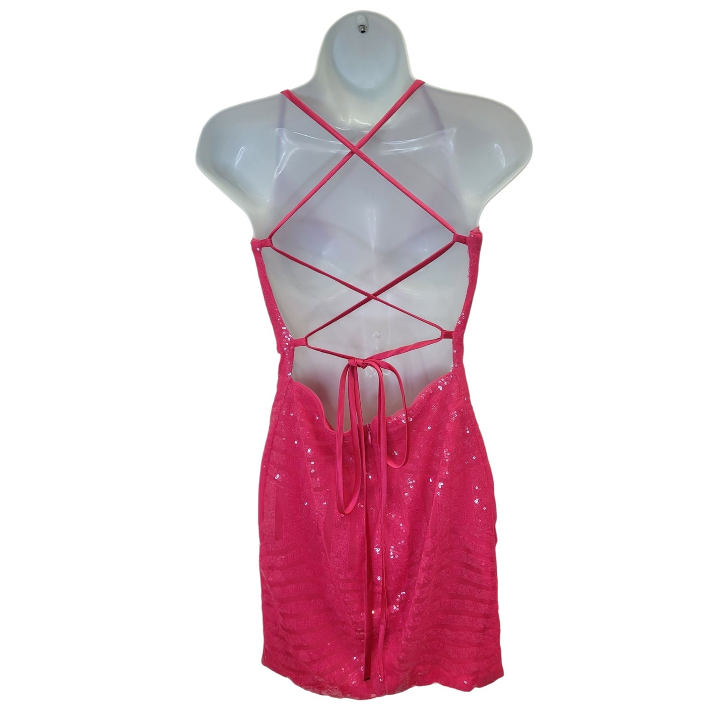 Women's Short Hot Pink Sequin Patterned Dress with Strappy Corset Back