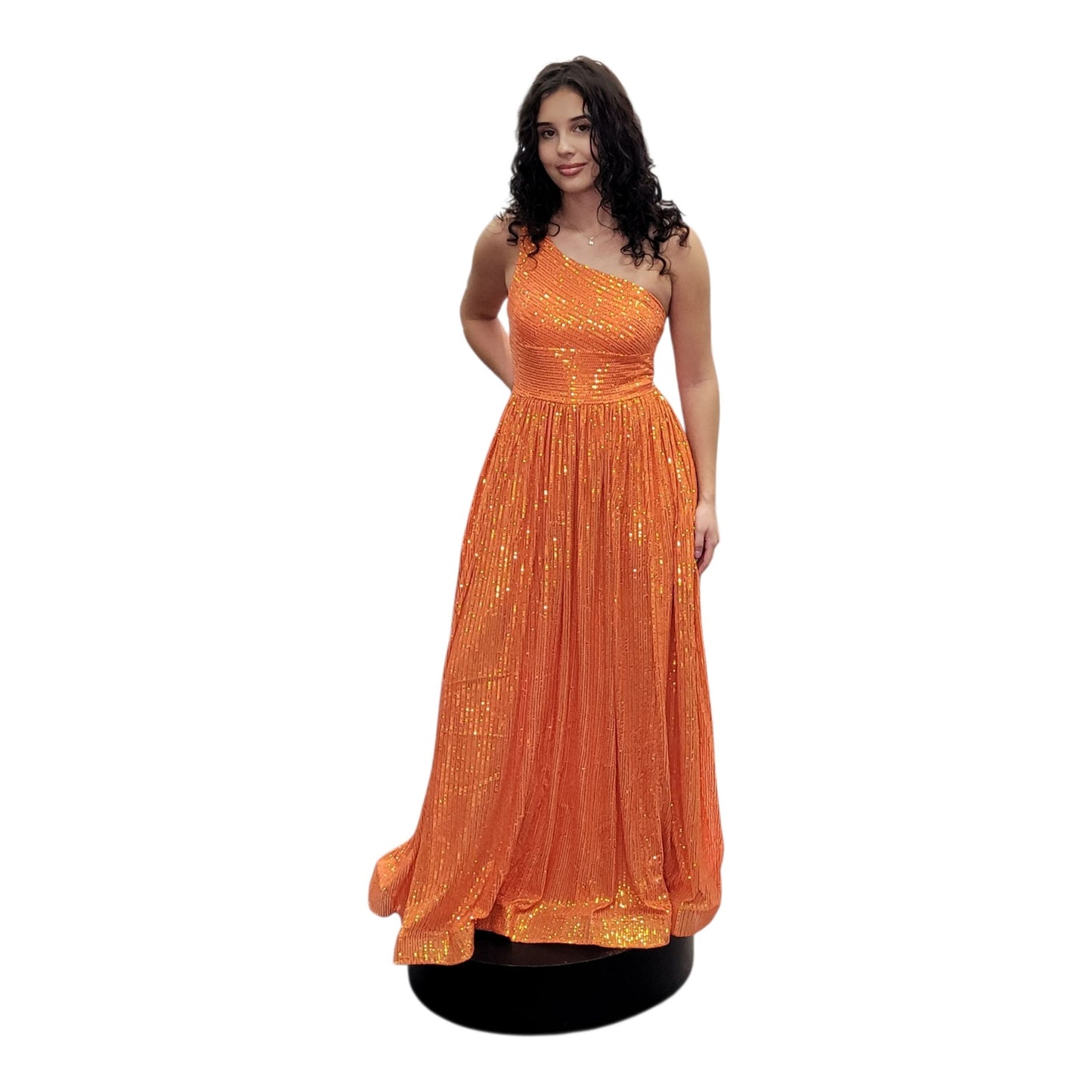Fun Tangerine Orange One Shoulder Sequin Gown