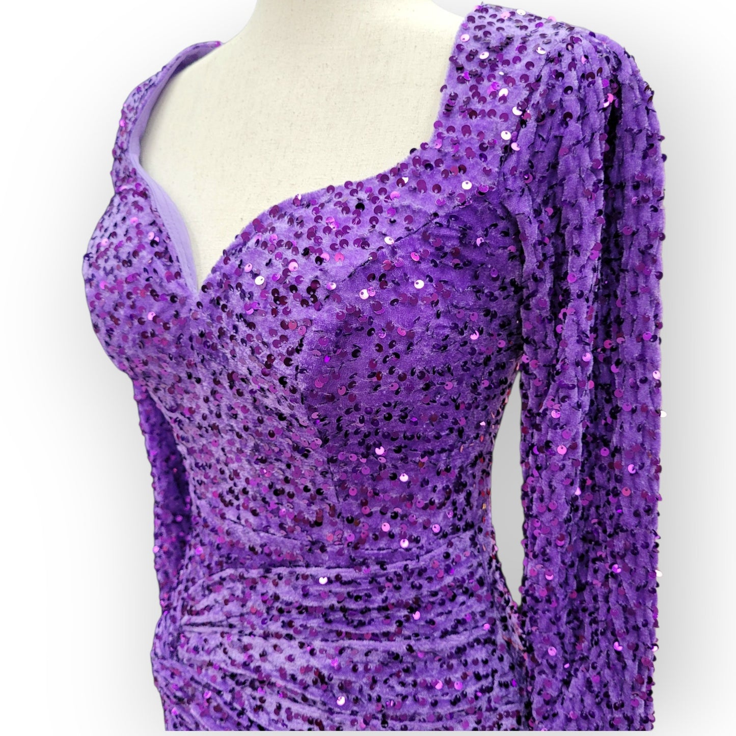 Fitted Long Sleeve Sequin Gown with Leg Slit and Corset Back