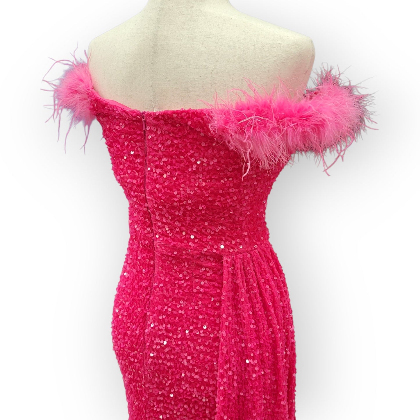 Hot Pink Evening Gown with Feathered Off-Shoulder Straps and Side Train