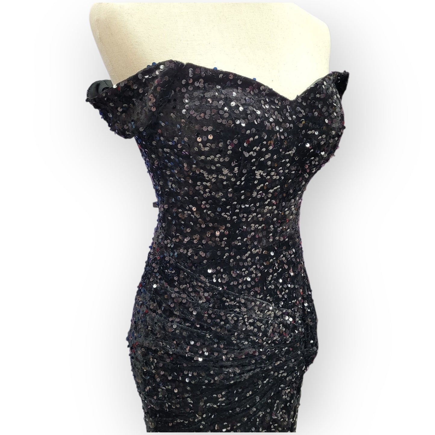 Sultry Off Shoulder Sequin Gown with Corset and Slit