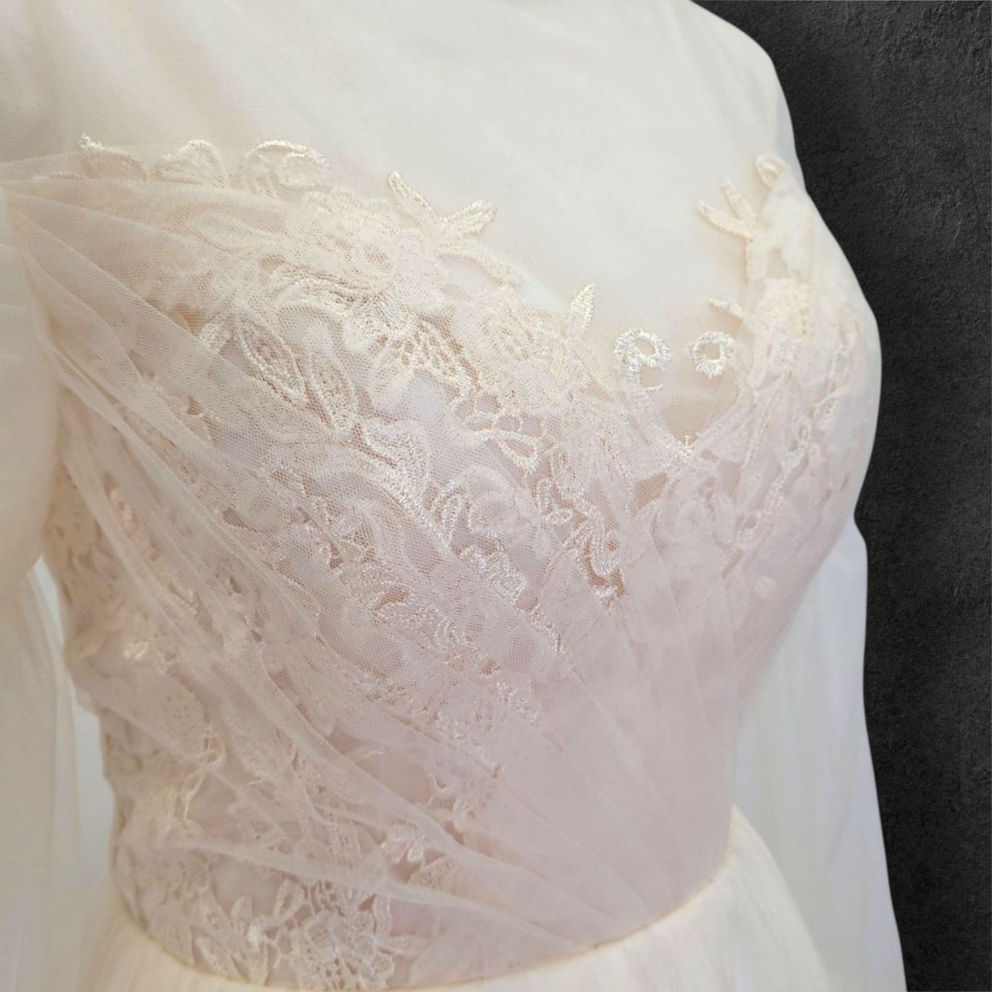 A Line Champagne Wedding Dress with Long Tulle Sleeves and Full Corset