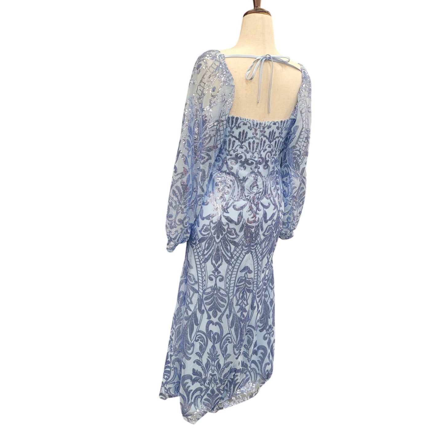 Long Sleeved Patterned Sequin Gown in Light Blue